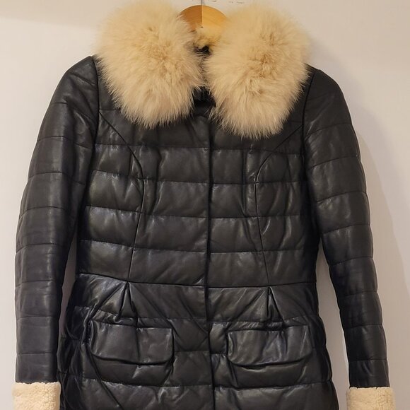 Genuine leather and real fox fur collar down coat - Picture 1 of 10